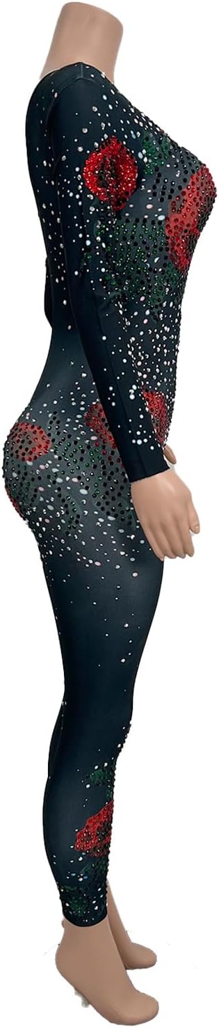 Women Nightclub Diamond Slim Fit Jumpsuits Romantic Rose Pattern Rompers Birthday Party Singer Dancer Stage Clothes