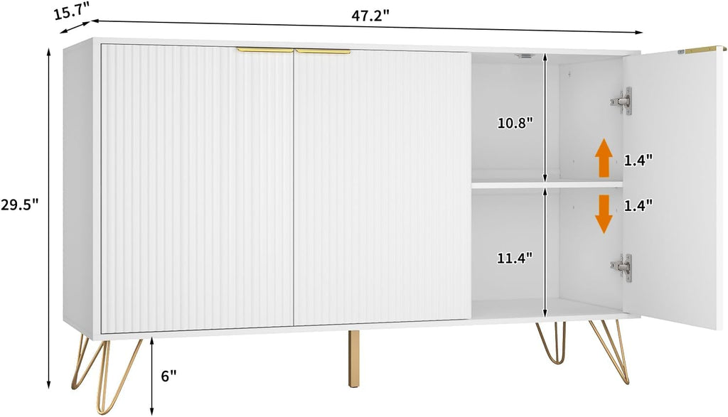 Storage Cabinet with 3 Doors, Buffet Cabinet with Storage, Sideboard Coffee Bar Cabinet with Metal Legs and Adjustable Shelf for Kitchen, Dining Room, Living Room, Office, White