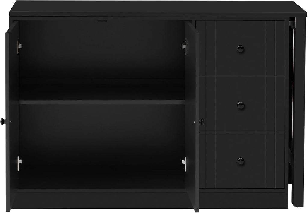 90' Extendable Freestanding Storage Cabinet, Kitchen Storage Bakers Rack with Adjustable Shelf, Utility Food Cupboard with Silent Drawers for Kitchen and Living Room, Black
