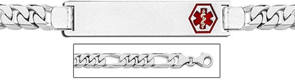 PicturesOnGold.com Sterling Silver Medical ID Figaro Chain W/Red Enamel Bracelet - 8-1/2 Inch