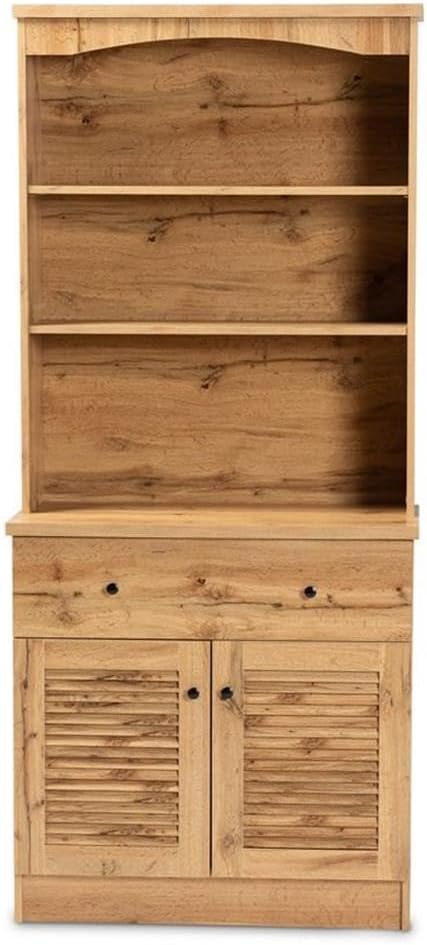 BOWERY HILL Wood Buffet and Hutch, 70.2 in x 31.5 in x 15.75 in, Oak Brown Finish, Engineered Wood Construction, 3 Open Shelves, Drawer and Storage Cabinet, Kitchen or Dining Room Storage Unit