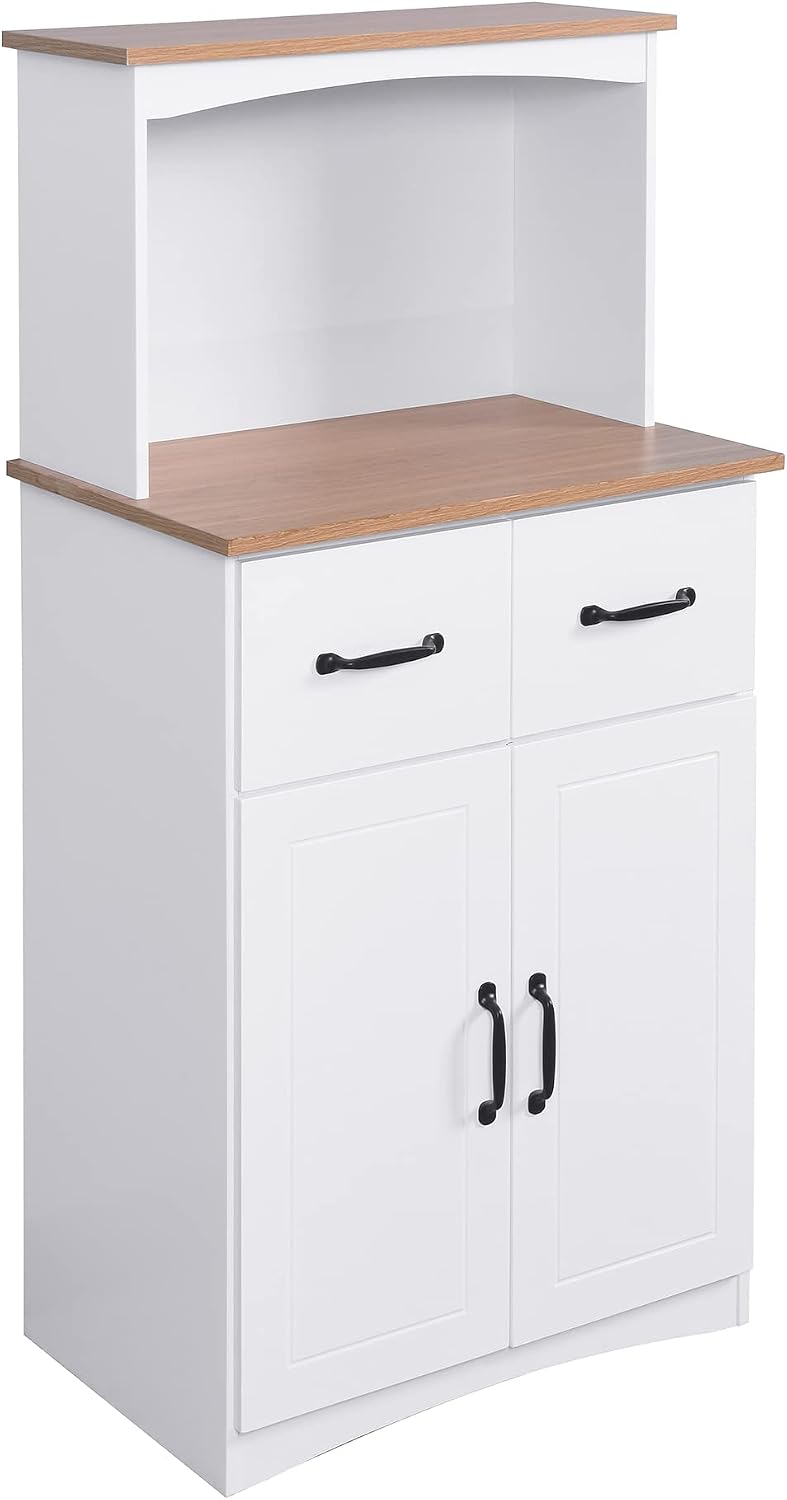 Kitchen Pantry Storage Cabinet Bar Cabinet Cupboard with Storage Drawers and Adjustable Shelf, Microwave Cabinet with Open Space for Kitchen Dining Room Living Room, White