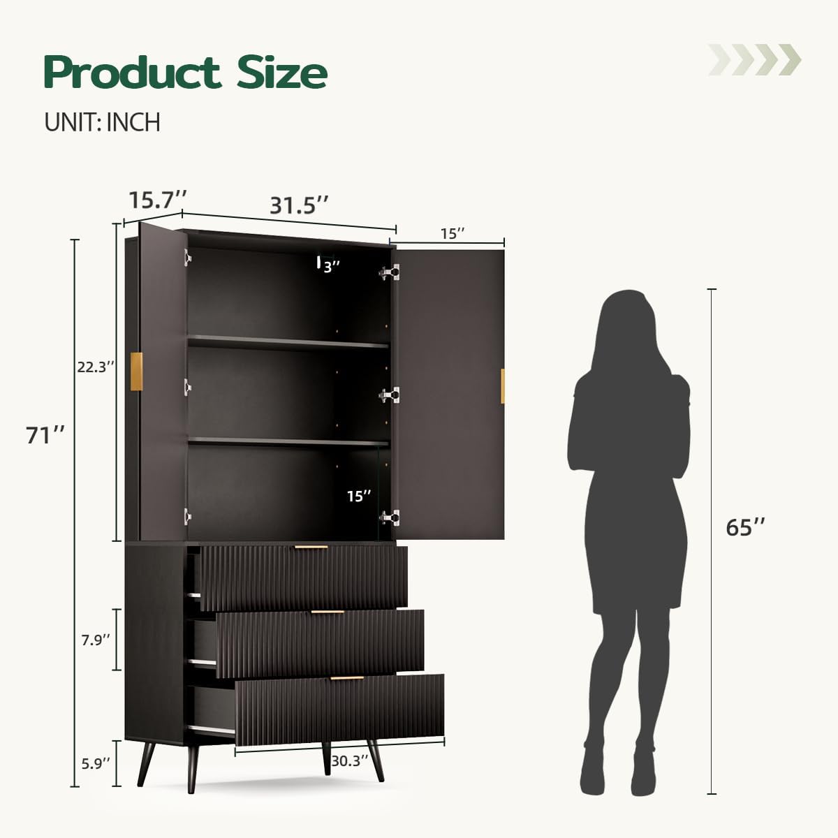 Tall Storage Cabinet, Kitchen Pantry Cabinet with Adjustable Shelves & Fluted Panel Design, Wood Cupboard with 3 Drawers 2 Doors, Tall Home Cupboard for Living Room, Kitchen, Black