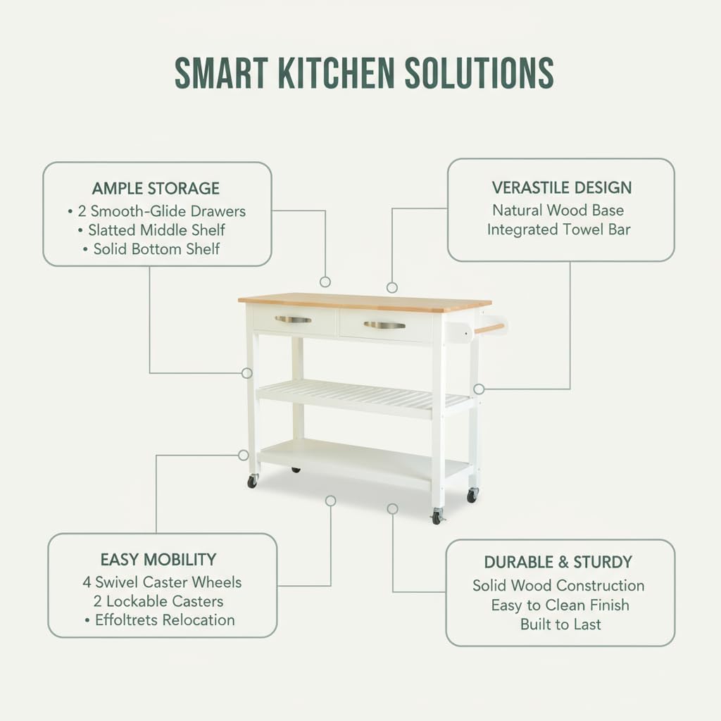 Kitchen Island 45' Rolling Kitchen Island Cart On Wheels with 2 Drawer and Towl Rack 3 Tiers Rolling Utility Cart with Solid Wood Top Serving Trolley for Dining Room White