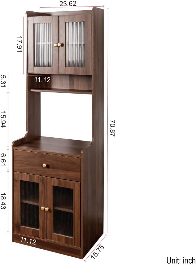 23.6' W Walnut Kitchen Pantry Hutch - Freestanding Storage Cabinet 2 Cabinets 1 Drawer with Microwave Stand for Kitchen Coffee Bar