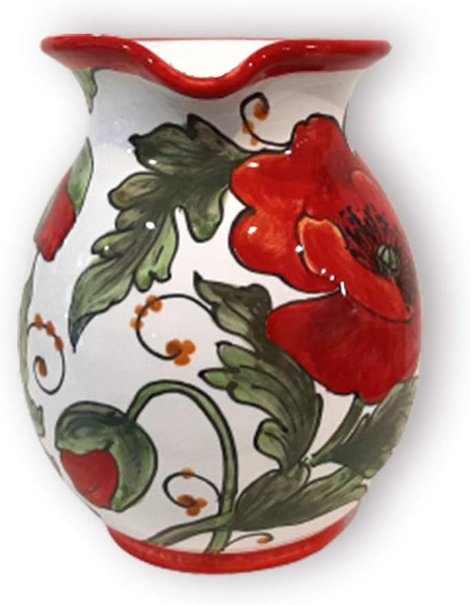 Italian Ceramic Pitcher Poppies - 16 oz Hand Painted Utensil Holder Or Carafe Design for Kitchen - Made in ITALY Tuscany - Italian Pottery Vase Jar for Wine - Home Decor Ceramics Dispenser