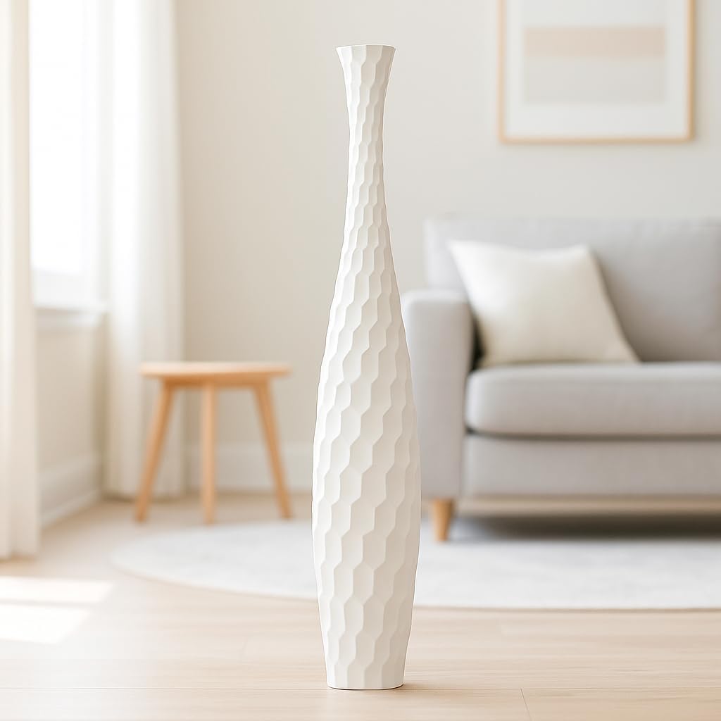 Leewadee Large White Home Decor Floor Vase - Wooden 41 inch Tall Farmhouse Decor Flower Holder for Fake Plant and Pampas Grass