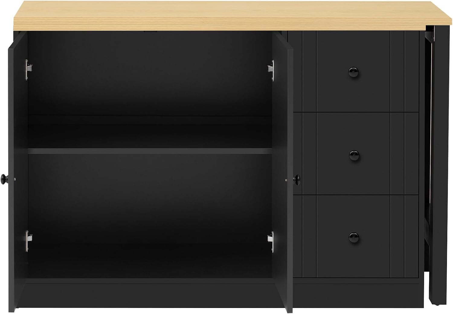90' Extendable Freestanding Storage Cabinet, Kitchen Storage Bakers Rack with Adjustable Shelf, Utility Food Cupboard with Silent Drawers for Kitchen and Living Room, Black+Natural
