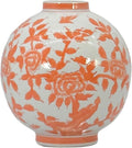 Galt International Orange & White Ceramic Floral Chinoiserie Globe Vase 12' Dia. - Round Bulb Shape Flower Vase Jar Classic Antique Home Decor