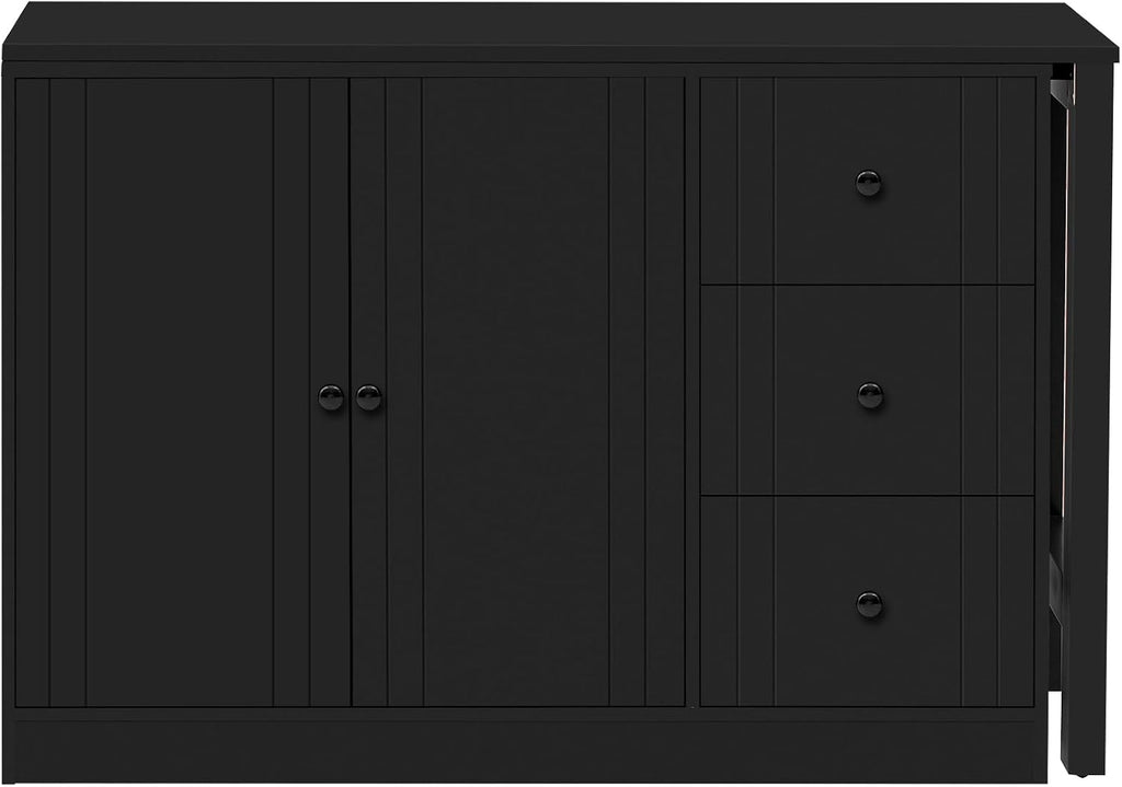 90' Extendable Freestanding Storage Cabinet, Kitchen Storage Bakers Rack with Adjustable Shelf, Utility Food Cupboard with Silent Drawers for Kitchen and Living Room, Black