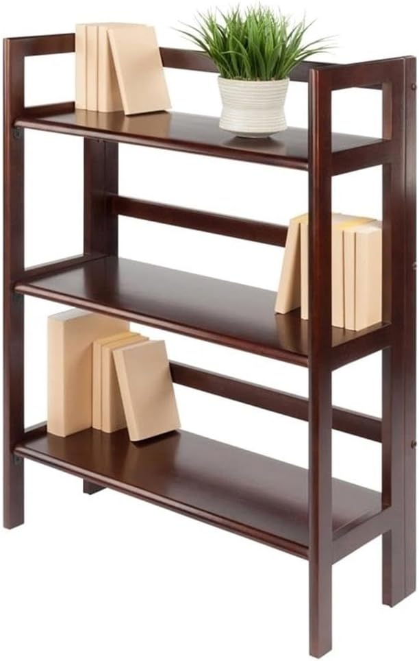 Pemberly Row 3-Tier Solid Wood Folding Book Shelf, Antique Walnut Finish, 38.54 in Height, Transitional Style for Home Office, Bathroom, or Kids Room Storage