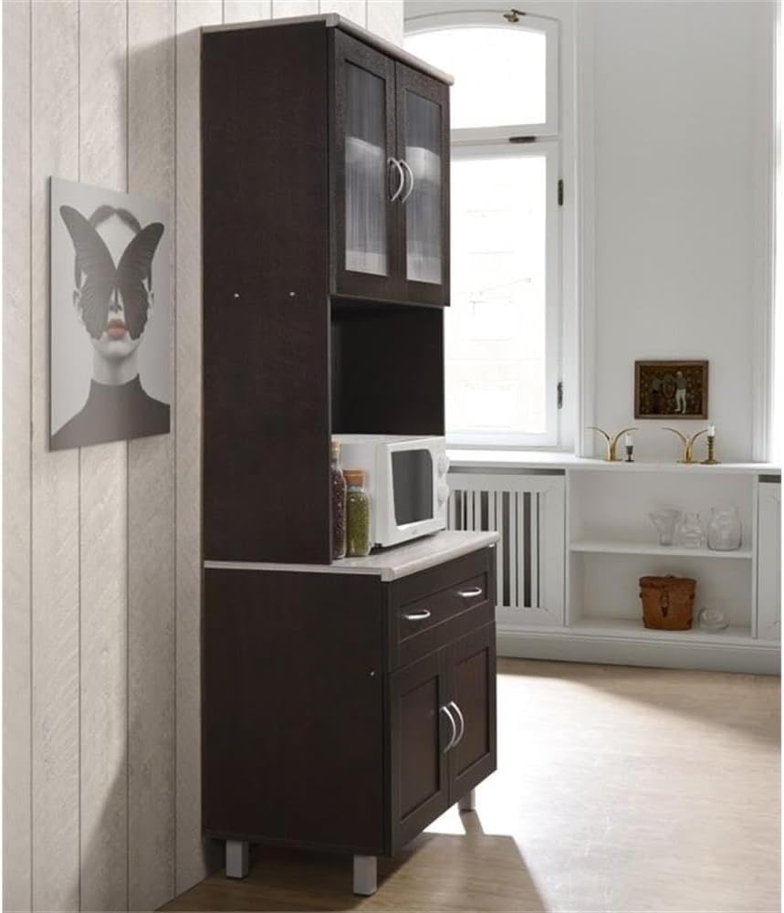 Pemberly Row Tall China Kitchen Cabinet, 32' Wide, Chocolate Gray Finish, Microwave Storage, 79' H x 17' D, Transparent Doors, Drawer, Enclosed Shelves, Wooden Construction for Home or Office Kitchen