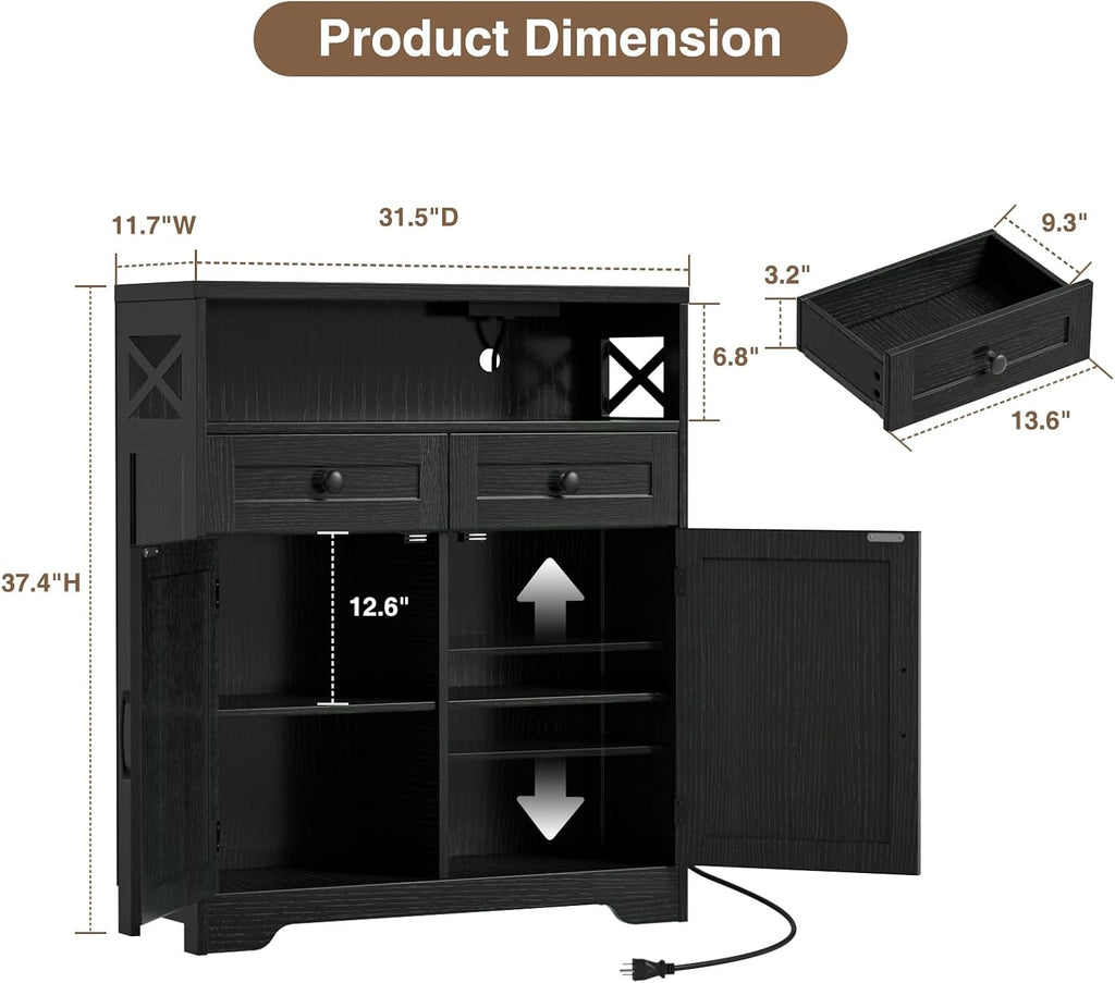 FiveWillowise 31.5' Black Storage Cabinet with Drawers and Shelf, Farmhouse Sideboard Buffet with Storage, Kitchen Pantry Hutch, Coffee Bar Cabinet Station Table for Kitchen, Living, Dining Room
