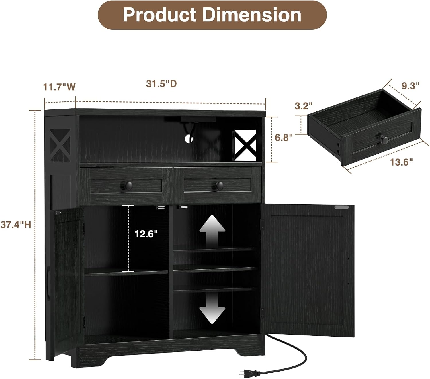 FiveWillowise 31.5' Black Storage Cabinet with Drawers and Shelf, Farmhouse Sideboard Buffet with Storage, Kitchen Pantry Hutch, Coffee Bar Cabinet Station Table for Kitchen, Living, Dining Room