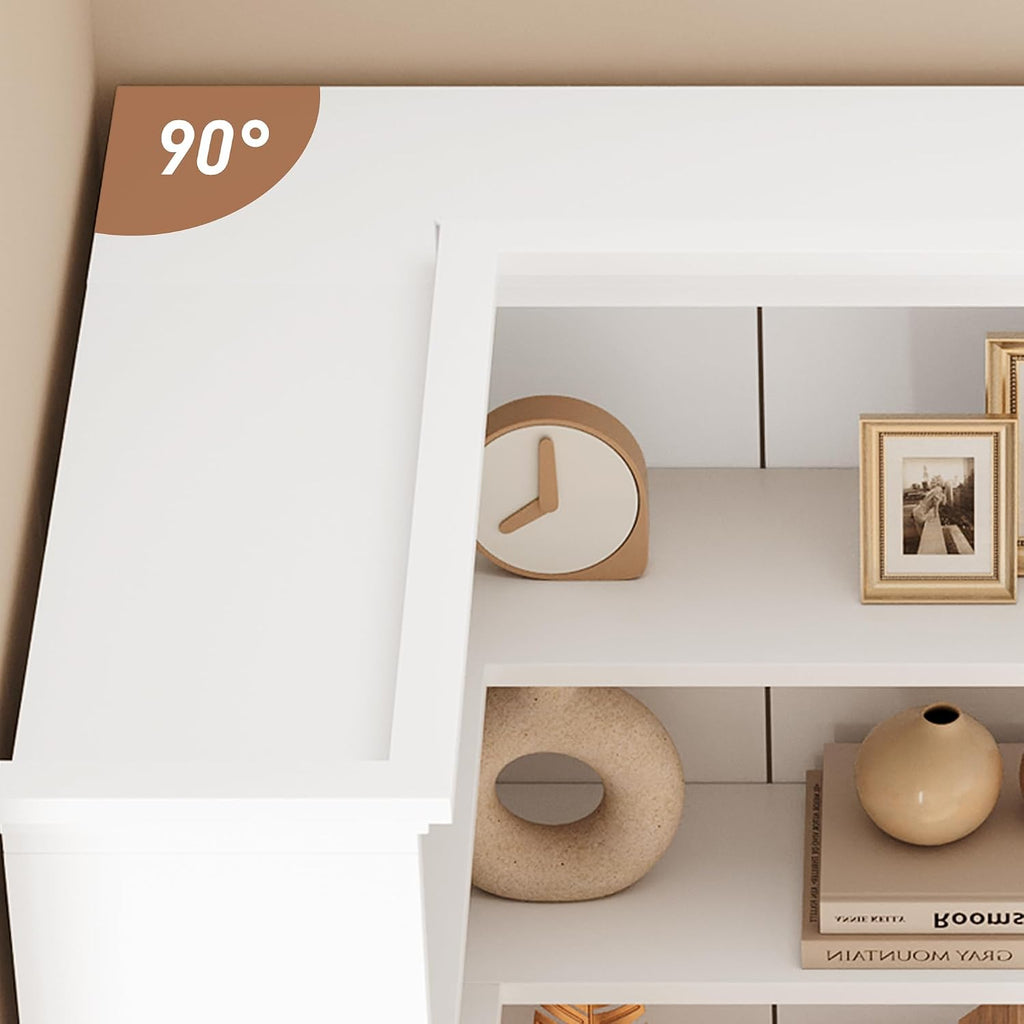 IDEALHOUSE Corner Bookshelf 72.8in Farmhouse Bookcase Large Bookshelves Wood Bookcase Tall 5 Tier Corner Shelf L Shaped Bookshelf Storage Display Rack Living Room Bedroom (White, Full Panel)