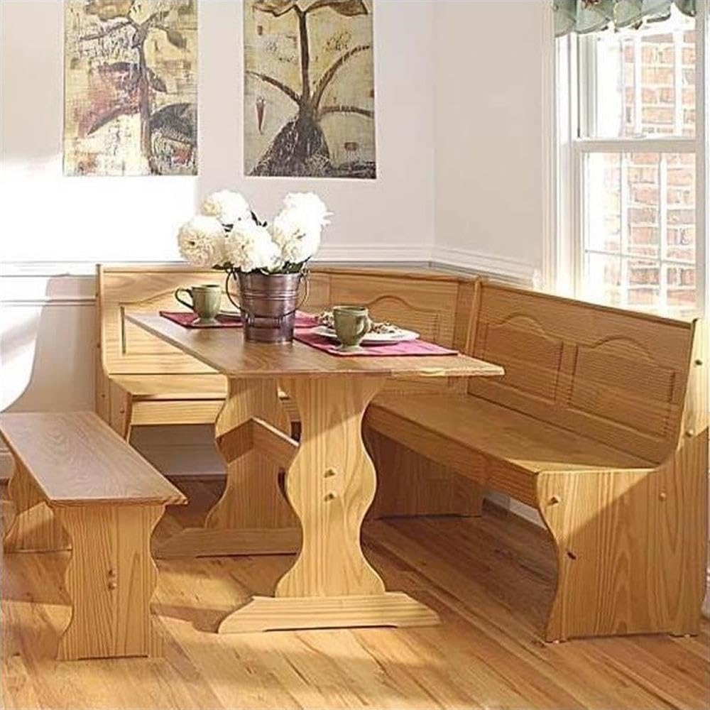 Riverbay Furniture Corner Kitchen Dining Nook Bench, Natural Honey Pine Finish, Interchangeable Design, Space-Saving Seating, 67 in x 51.5 in x 33.5 in, Traditional Style for Kitchen or Breakfast Room