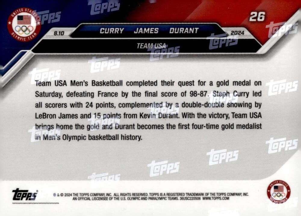 STEPHEN CURRY/LebronJAMES/KEVIN DURANT SP 2024 NOW Blue Logo #26 Team USA NM-MT Olympics Basketball Gold Medal