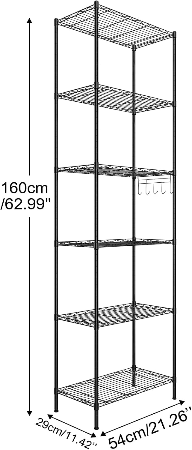 Himimi 6 Tier Storage Shelf Wire Shelving Unit Adjustable Rack Free Standing Organization with Leveling Feet, Stainless Side Hooks for Laundry Bathroom Kitchen Pantry Closet,2-Pack Shelves,Black