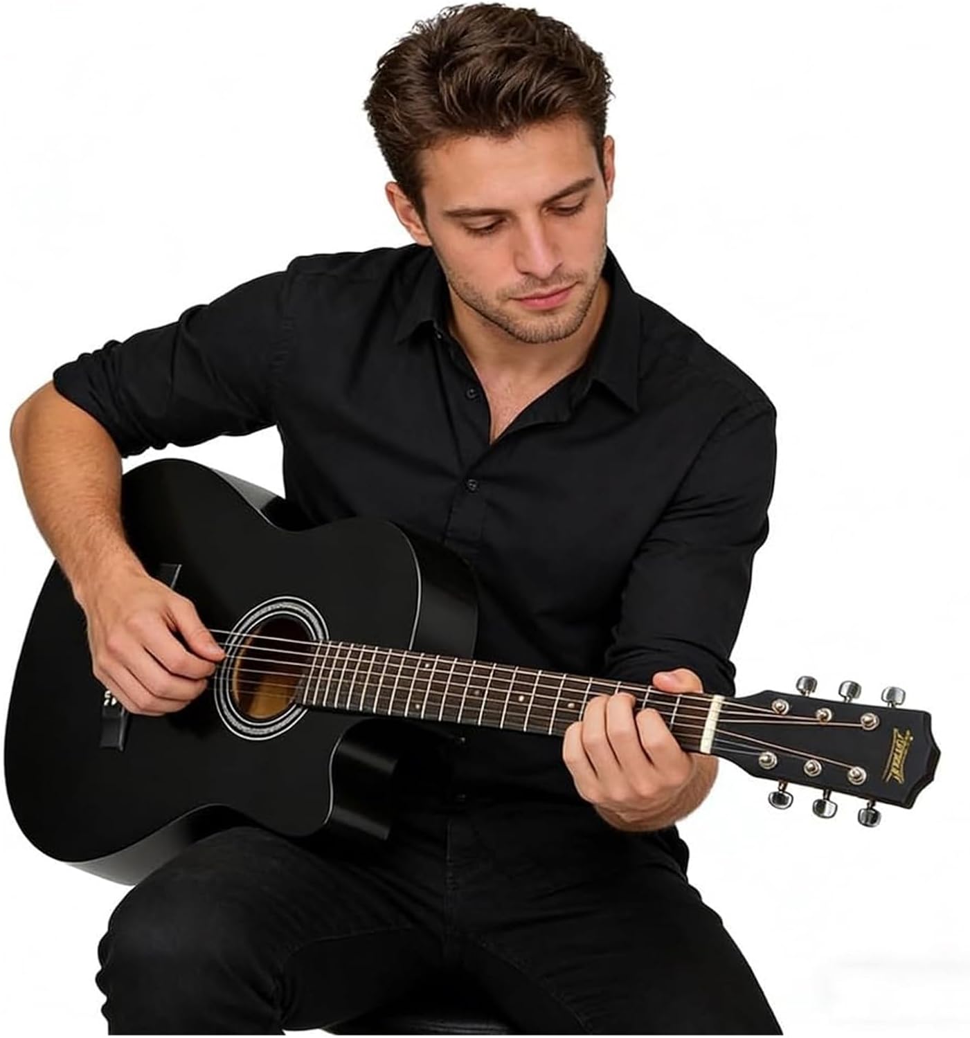 MXL&LJB Acoustic Guitar Kits for Beginners Adults, Cutaway Acustica Guitarra Bundle Kit Wooden Bowl Starter Set Package(Black,41 inches)