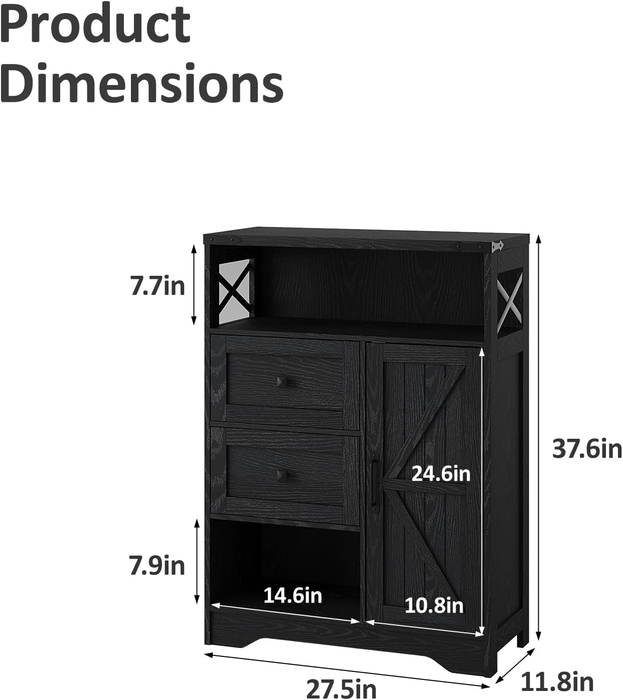 Fameill Farmhouse Storage Cabinet with 2 Drawers & Shelves,Freestanding Kitchen Cabinet with Doors,Floor Storage Organization for Living Room,Bathroom,Laundry,Black