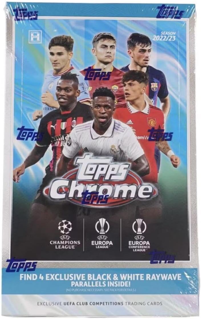 2022-23 Topps Chrome UEFA Champions League Soccer Factory Sealed Hobby Lite Box 16 Packs of 4 Cards. 4 Black and White Raywave Parallels Per Box. See Scans to see details on the Amazing Hits that are Possible.
