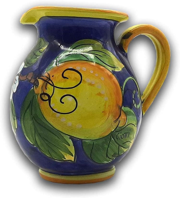 Italian Ceramic Pitcher Lemon Blue - 16 oz Hand Painted Utensil Holder Or Carafe Design for Kitchen - Made in ITALY Tuscany - Italian Pottery Vase Jar for Wine - Home Decor Ceramics Dispenser