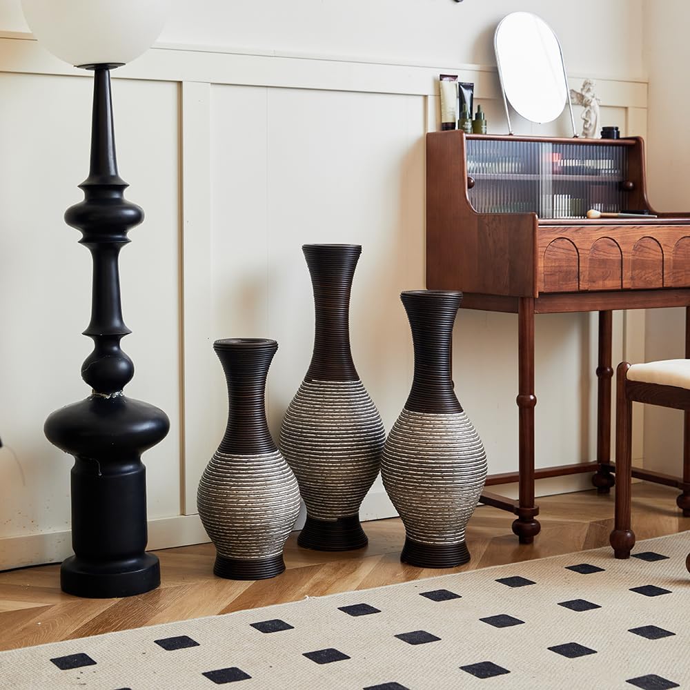 Floor PVC Decorated Vases Set of 3 for Gorgeous Home Decoration Large Classic PVC Vases 20in/24in/28in Height(Brown+White)