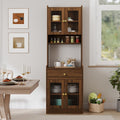 23.6' W Walnut Kitchen Pantry Hutch - Freestanding Storage Cabinet 2 Cabinets 1 Drawer with Microwave Stand for Kitchen Coffee Bar