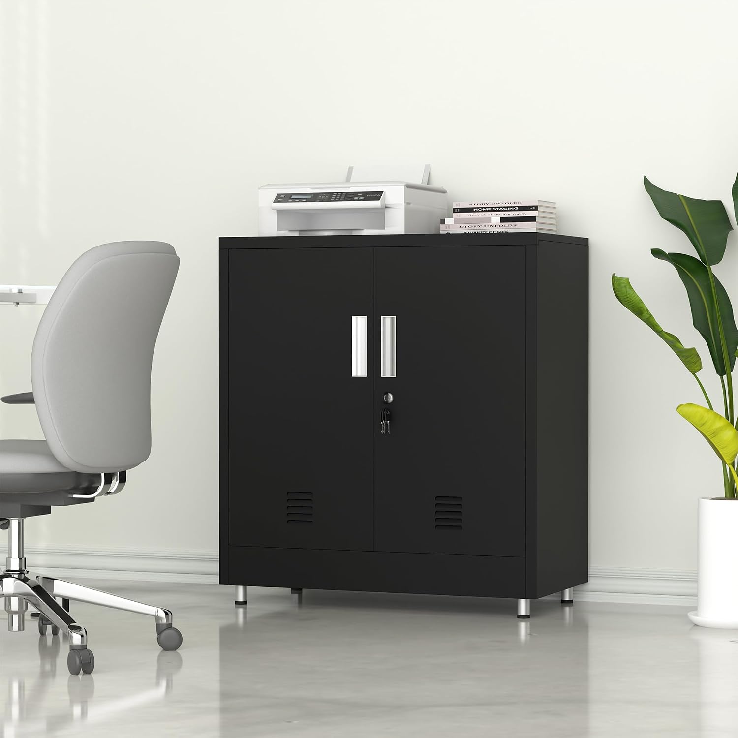 Metal Storage Cabinet with Locking Doors and Adjustable Shelf, Small Lockable Sideboard Buffet Cabinet for Home, Office, Entryway, Hallway, Living Room, Kitchen and Dining Room (Black)