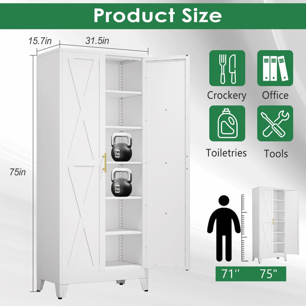 75' Tall Metal Kitchen Pantry Storage Cabinet with 2 Doors and 5 Adjustable Shelves, White Food Freestanding Cupboard for Kitchen, Dining Room, Bathroom and Garage (White)