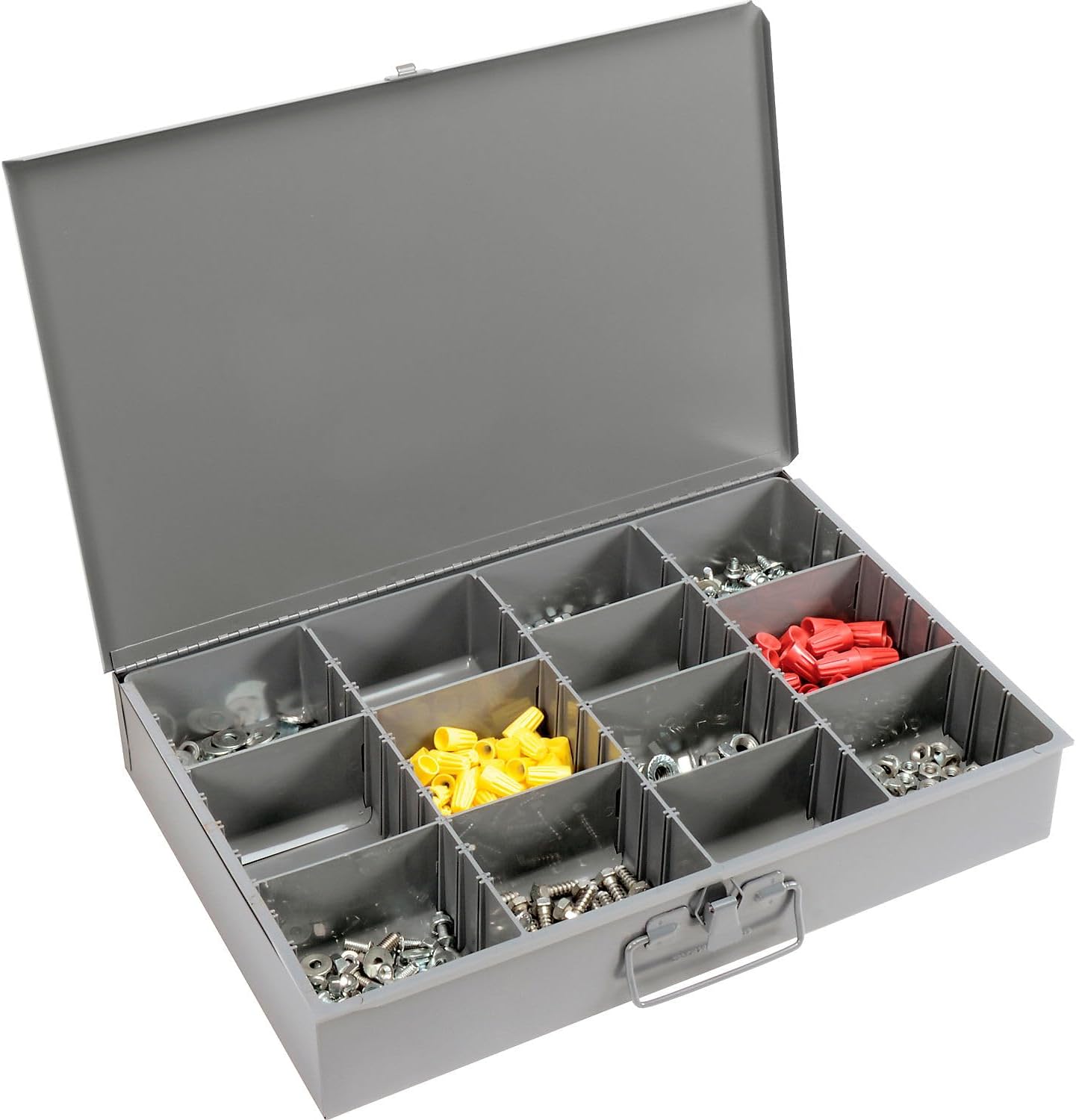 Global Industrial Durham Steel Compartment Box Rack with Four Adjustable Divider Compartment Boxes, 18' L x 12' W x 3' H Boxes, 20' L x 15-3/4'W x 15' H Overall