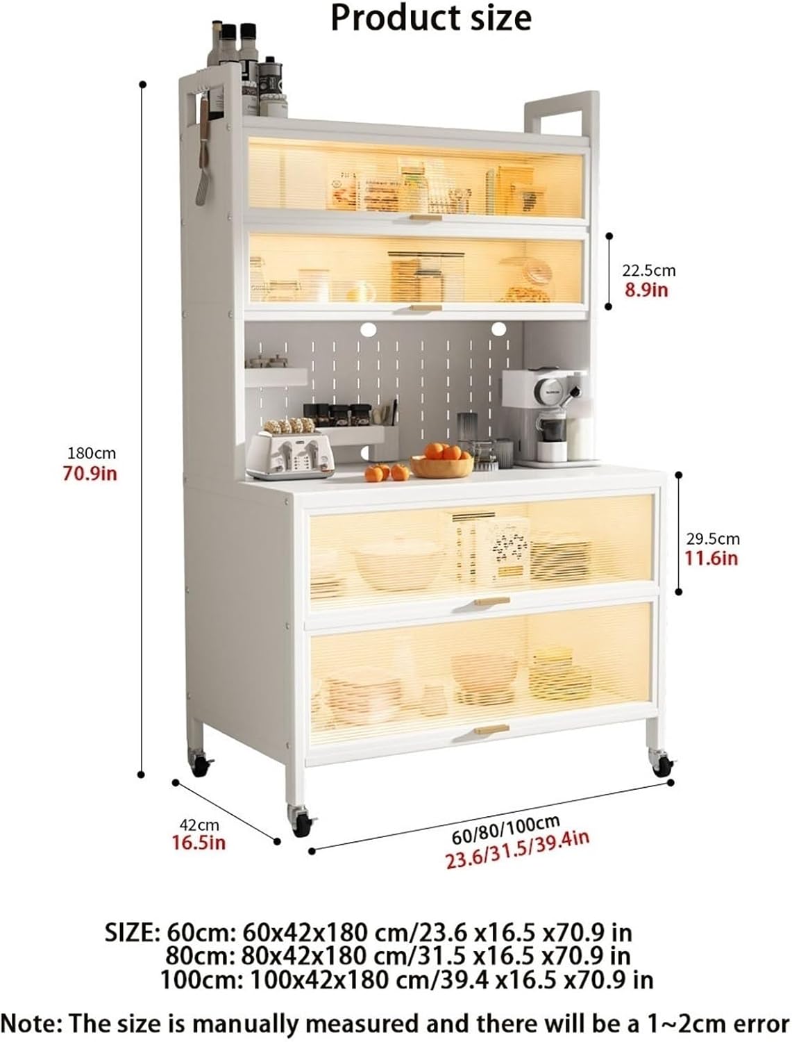 Kitchen Pantry Storage Cabinet Shelf Microwave 6-Tier Stand with Storage with Flip Door and Wheels Metal Sideboard Baker's Rack Coffee Pub for Spices Pots Pans ﻿(Black,80cm)