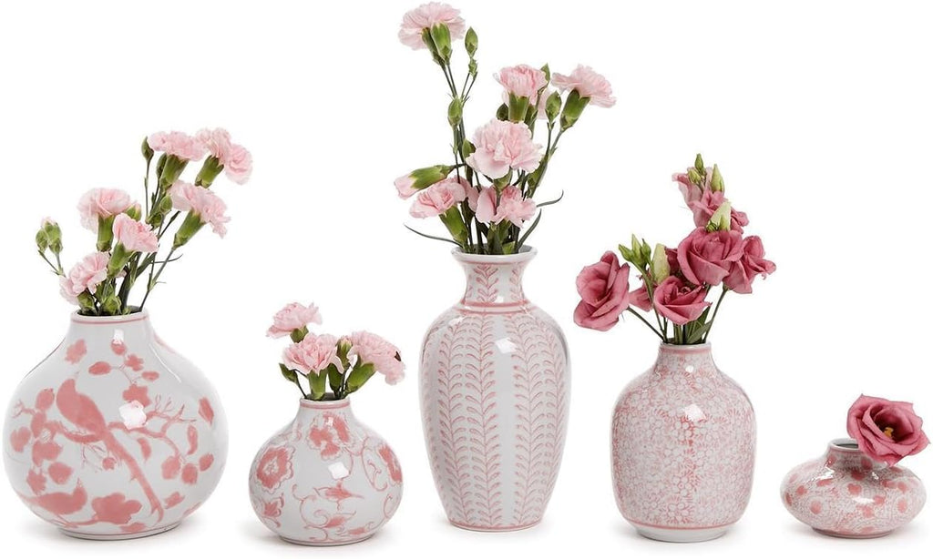 Two's Company Pink Chinoiserie Hand Painted Vase, Set of 5, Porcelain, Home Decor Accessories, 54698