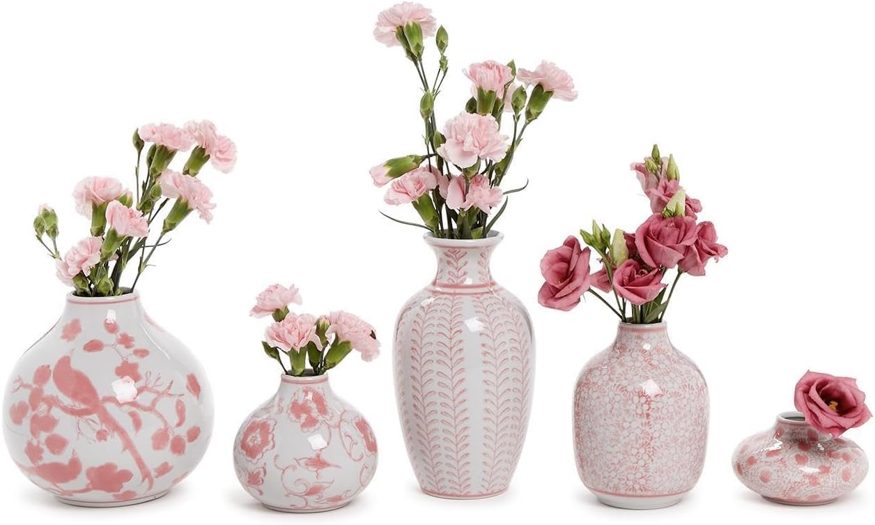 Two's Company Pink Chinoiserie Hand Painted Vase, Set of 5, Porcelain, Home Decor Accessories, 54698