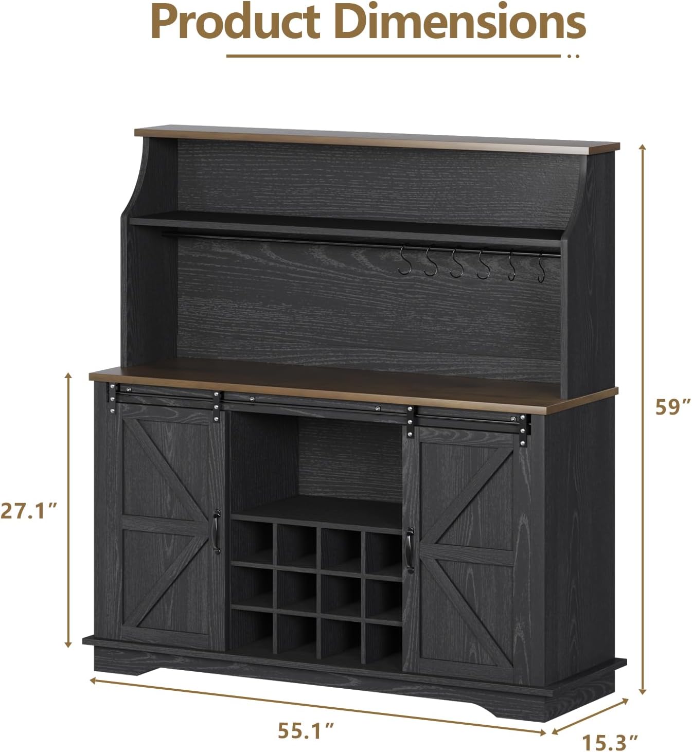 55 Inch Farmhouse Coffee Bar Cabinet with 3-Tier Enclosed Storage Cabinet, Kitchen Hutch with 12 Wine Racks & 3 Glass Holders, Coffee Bar with 6 Hooks, Wood Furniture for Dining Living Room, Black