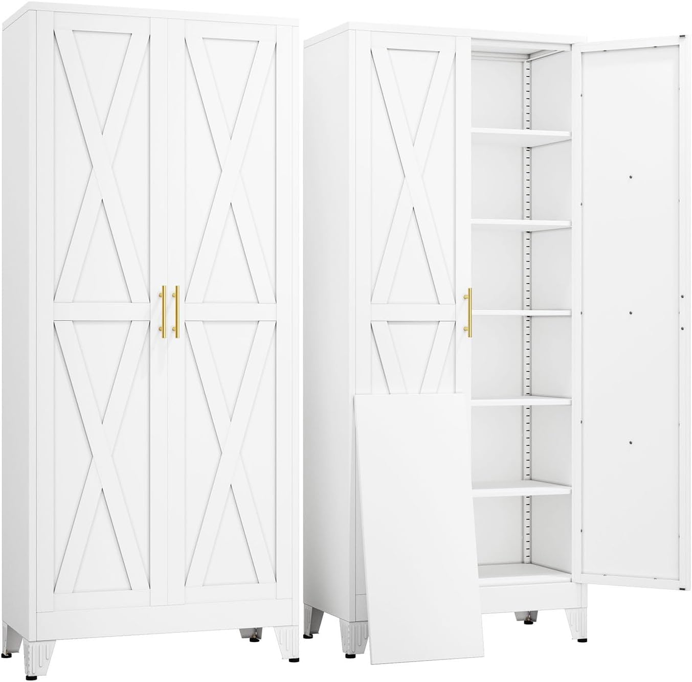 75' Tall Metal Kitchen Pantry Storage Cabinet with 2 Doors and 5 Adjustable Shelves, White Food Freestanding Cupboard for Kitchen, Dining Room, Bathroom and Garage (White)