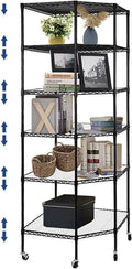 BNSPLY 6 Tier Corner Wire Shelving Unit, Adjustable Wire Shelf with Wheels, Metal Storage Shelves and Racks for Kitchen, Bathroom, Laundry, Pantry, Closet (27' D x 27' W x 71' H, Black)