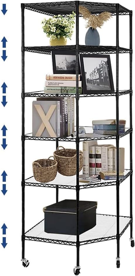 BNSPLY 6 Tier Corner Wire Shelving Unit, Adjustable Wire Shelf with Wheels, Metal Storage Shelves and Racks for Kitchen, Bathroom, Laundry, Pantry, Closet (27' D x 27' W x 71' H, Black)