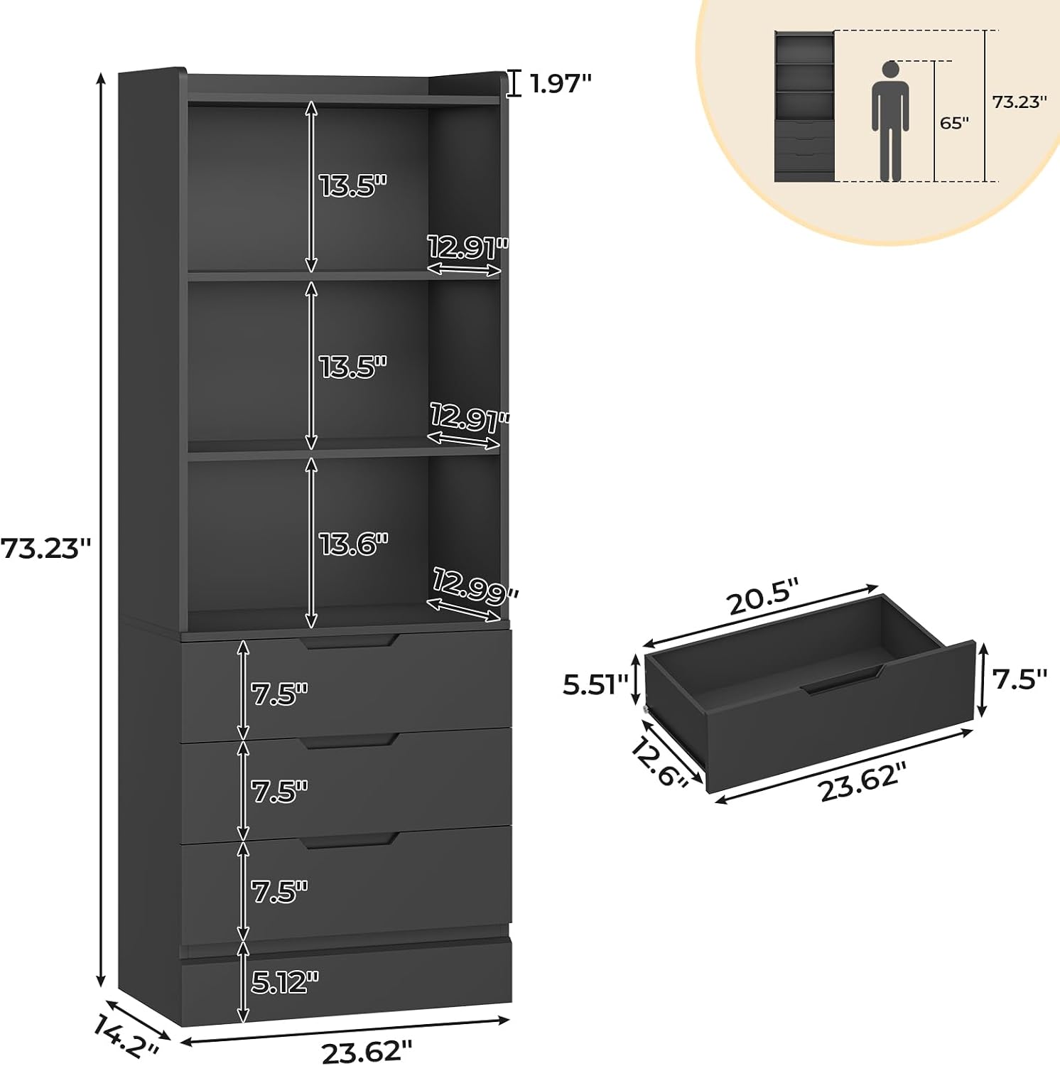 DICTAC Bookcase with 3 Drawers and Shelves 73.23'' Tall Bookshelf with Storage Modern Wood Closet Drawers System,Closet Organizer Unit Freestanding Tall Storage Cabinet for Home Office,Bathroom,Black