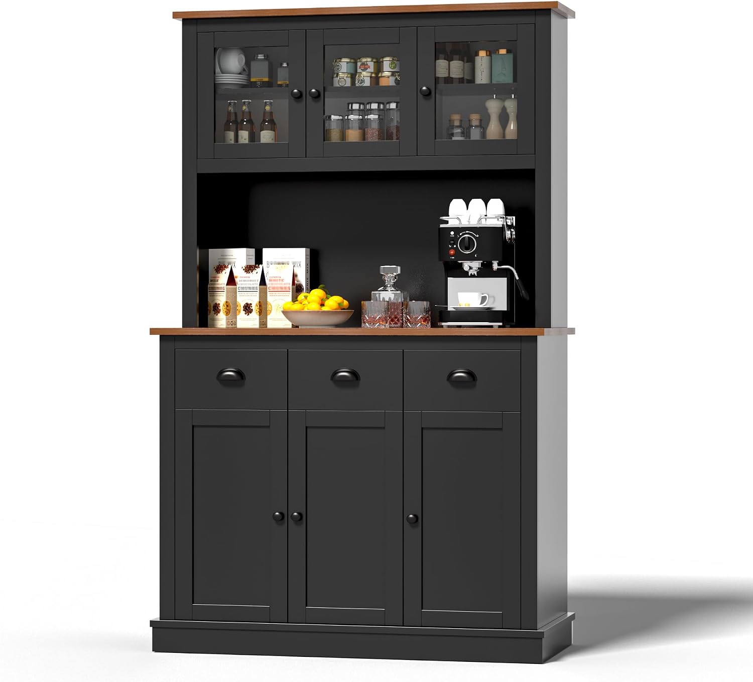 MU 71' Kitchen Pantry Cabinet with Charging Station, Tall Pantry Hutch with Drawers, Countertop & Microwave Shelf, Food Storage Cabinet for Dining Room & Coffee Bar, Black