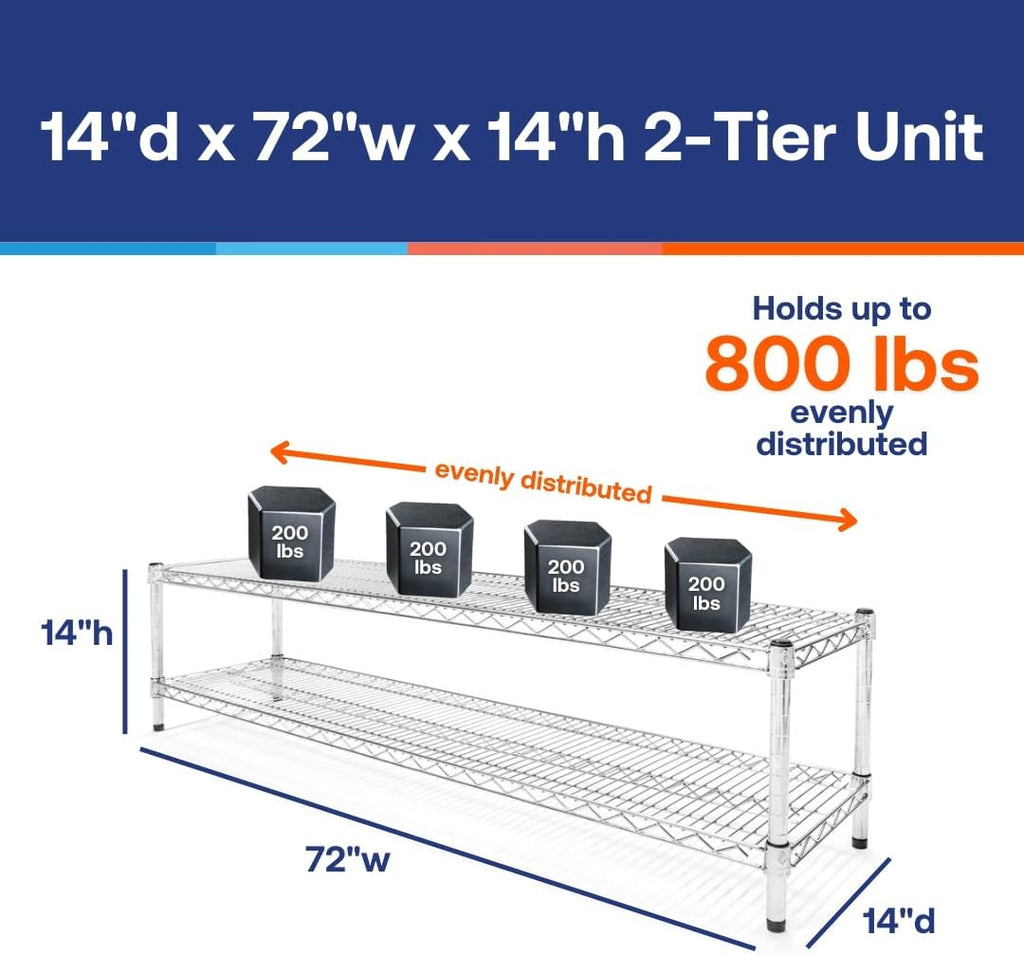 Shelving Inc. 14' d x 72' w Chrome Wire Shelving with 2 Tier Shelves, Weight Capacity 800lbs Per Shelf