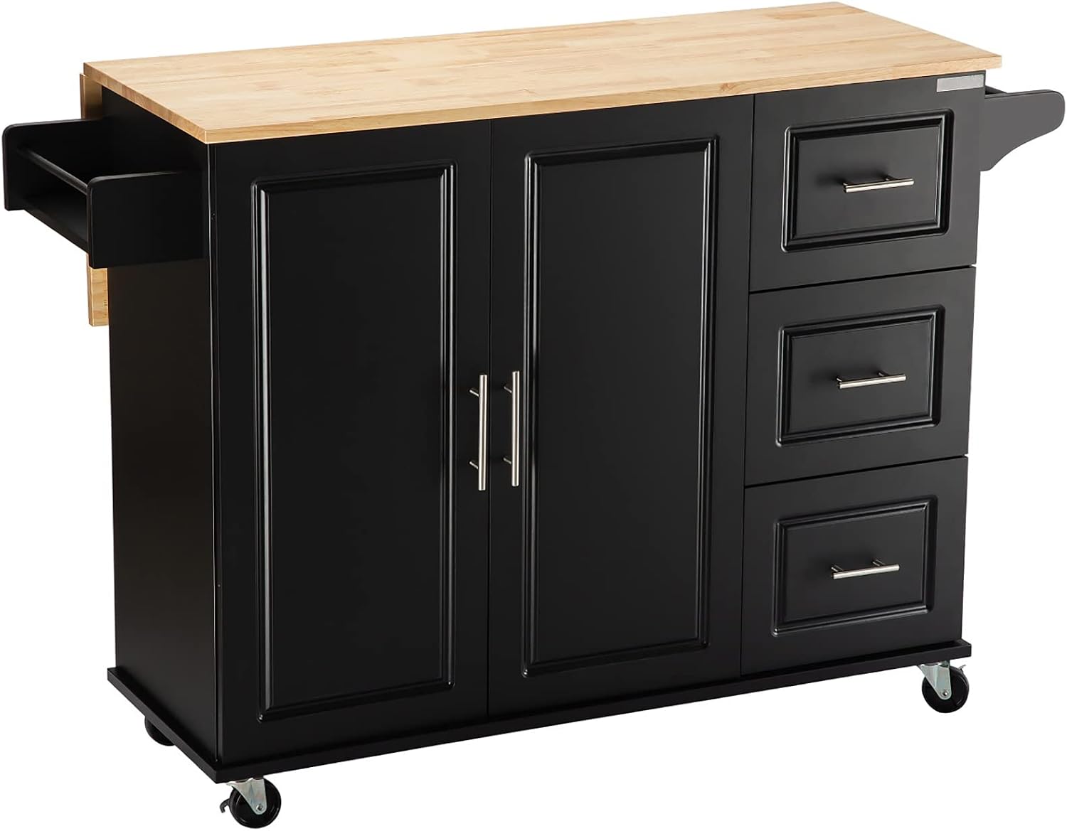 Kitchen Island with Extensible Rubber Wood Table Top Kitchen Bar Serving Cart Mobile Microwave Cart with Spice Rack and Handle Large Trolley Cart Kitchen Bakers Rack with Drawer and Storage Cabinet