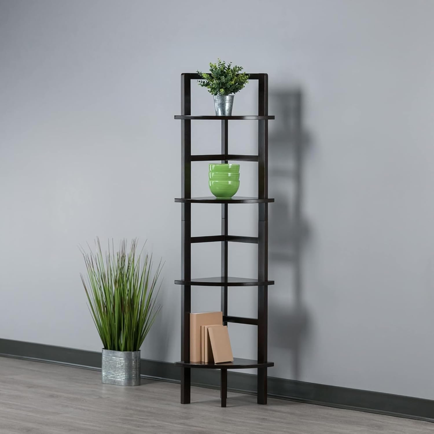 Aiden Corner Bakers Rack Coffee Finish Metal Frame Tri Level Storage Shelf for Kitchen Dining Living Room Display Space Saving Corner Organizer Modern Home Décor