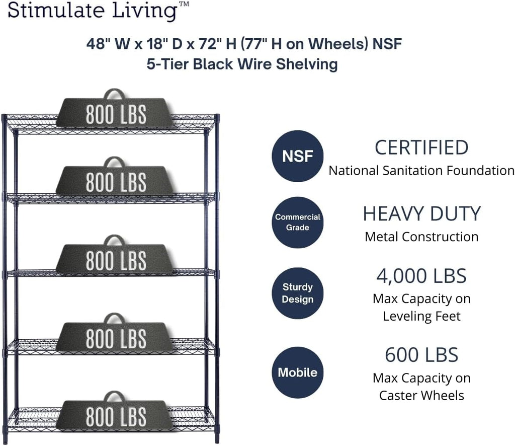 48'x18'x72' PRIME HEAVY DUTY Black 5-Tier Wire Shelving NSF 4000 LBS MAX Capacity Storage Rack for Commercial, School, Home, Garage, Warehouse, Industrial, and Hospital Uses (with Wheels)
