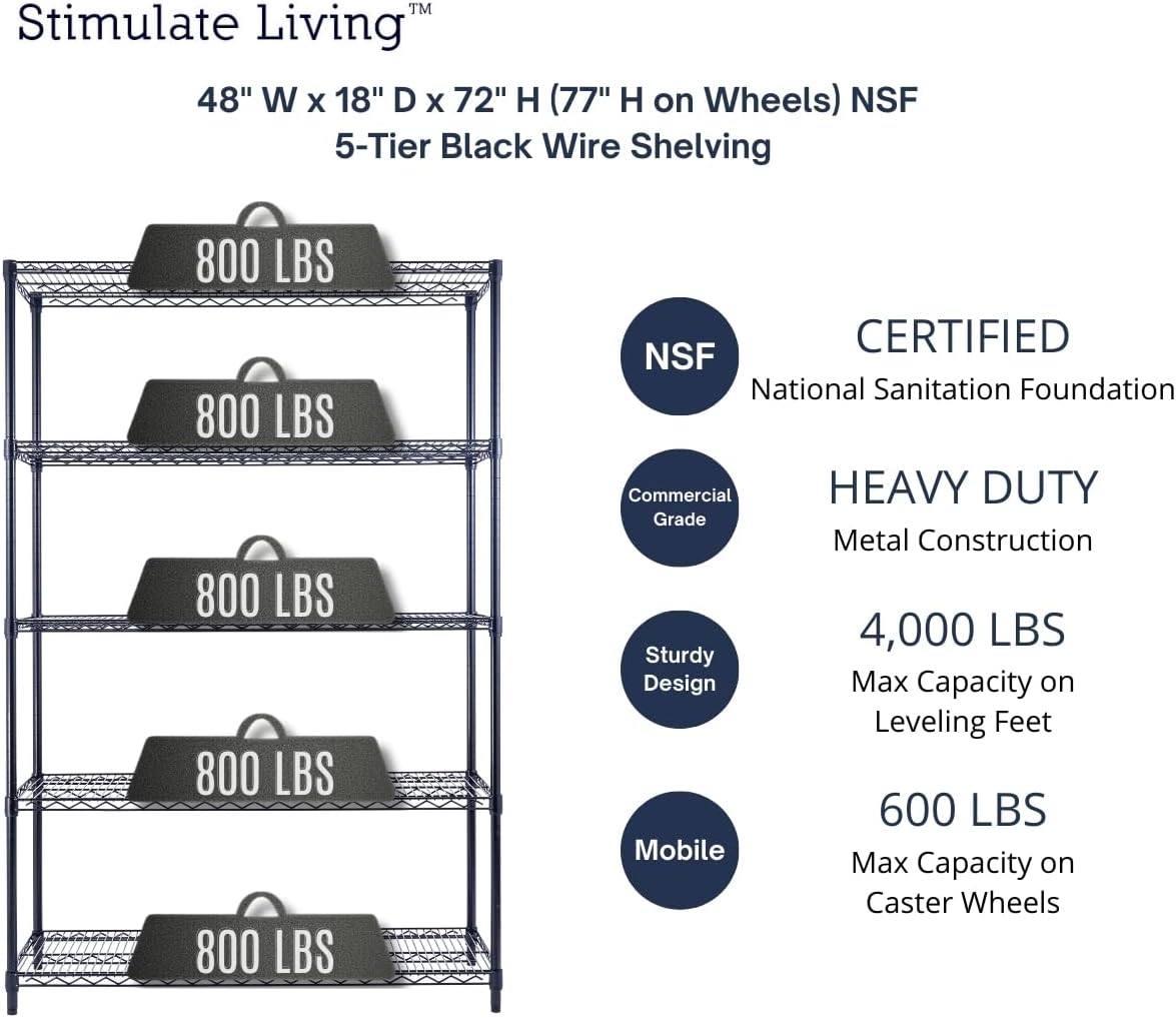 48'x18'x72' PRIME HEAVY DUTY Black 5-Tier Wire Shelving NSF 4000 LBS MAX Capacity Storage Rack for Commercial, School, Home, Garage, Warehouse, Industrial, and Hospital Uses (with Wheels)