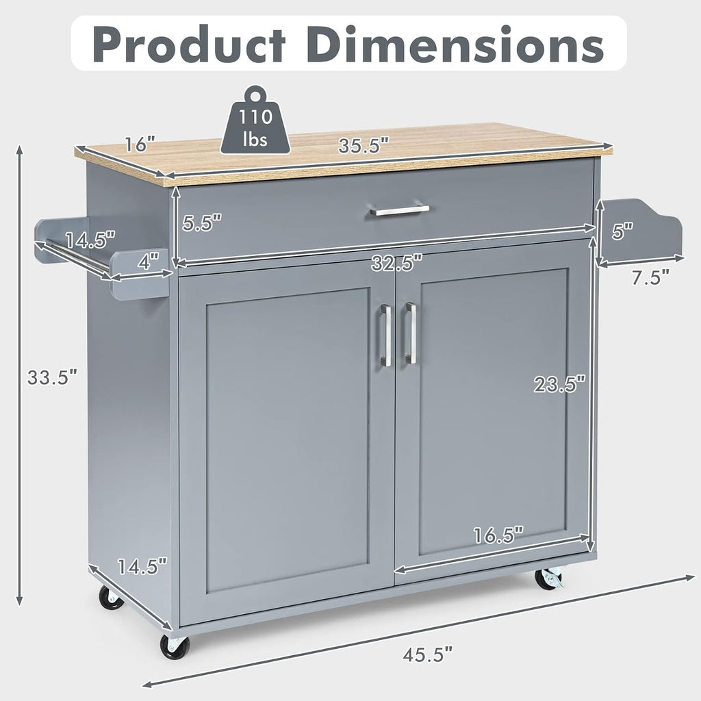 COSTWAY Kitchen Island On Wheels, Rolling Storage Trolley Cart with Large Cabinet, Drawer, Spice Rack and Towel Rack, Kitchen Serving Utility, 3-Position Adjustable Shelf (Grey)