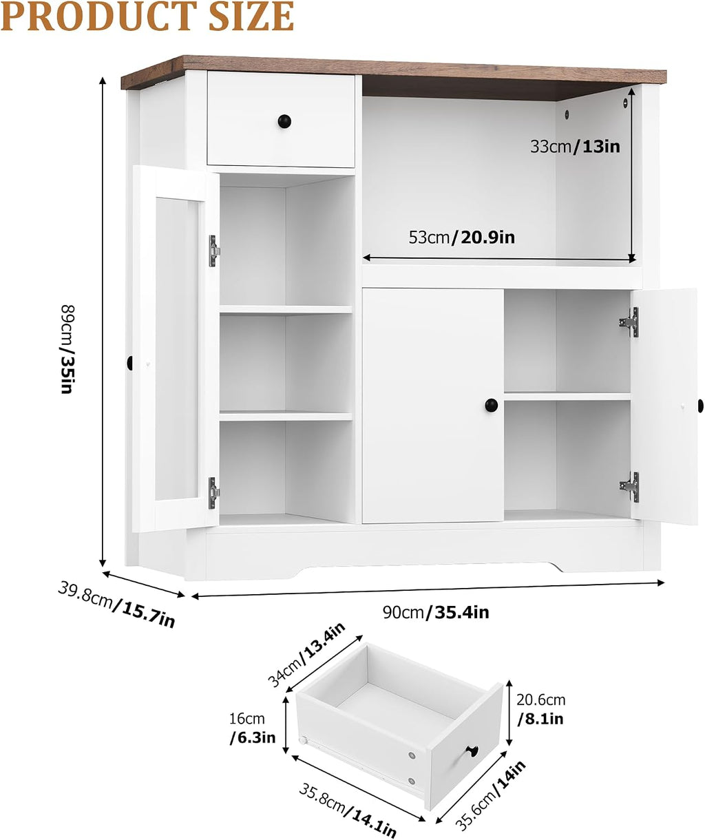 Senfot Kitchen Microwave Cabinet with Storage and Drawers, Modern Small Buffet Cabinet with Glass Doors and Adjustable Shelf, Wooden Sideboard with Wide Top for Dining Room, Living Room, White