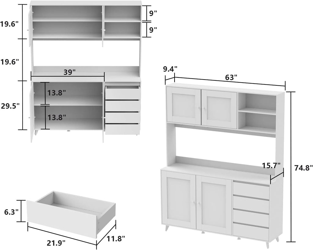 AIEGLE 63' W Large Kitchen Hutch Cabinet, Pantry Cabinets with Hutch, Freestanding Cupboard with 4 Doors, 4 Drawers & Microwave Shelf, Kitchen Storage Buffet, Wood Color (63' W x 15.7' D x 74.8' H)