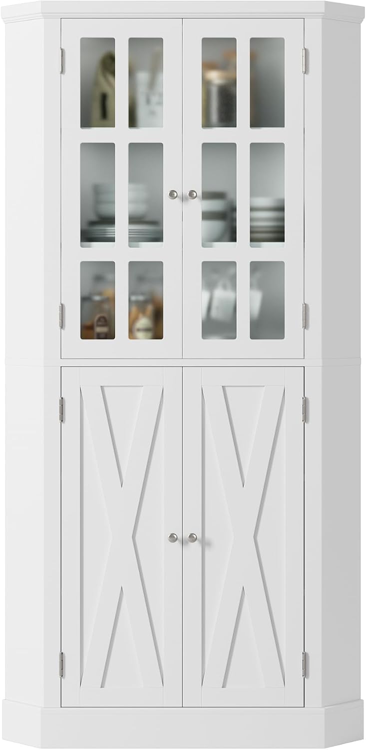 BOTLOG 67' Corner Cabinet, Corner Kitchen Pantry with Doors, Farmhouse Kitchen Cabinet with 6 Storage Shelves, Space Saver for Bathroom, Living Dining Room, White