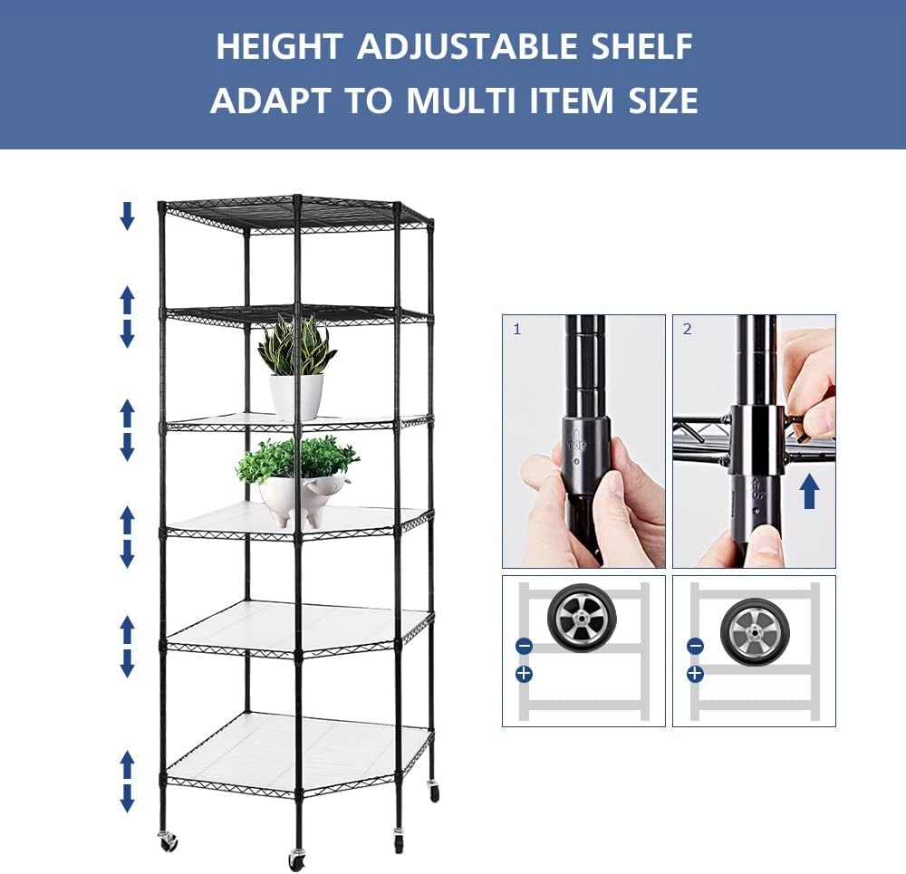 BNSPLY 6 Tier Corner Wire Shelving Unit, Adjustable Wire Shelf with Wheels, Metal Storage Shelves and Racks for Kitchen, Bathroom, Laundry, Pantry, Closet (27' D x 27' W x 71' H, Black)